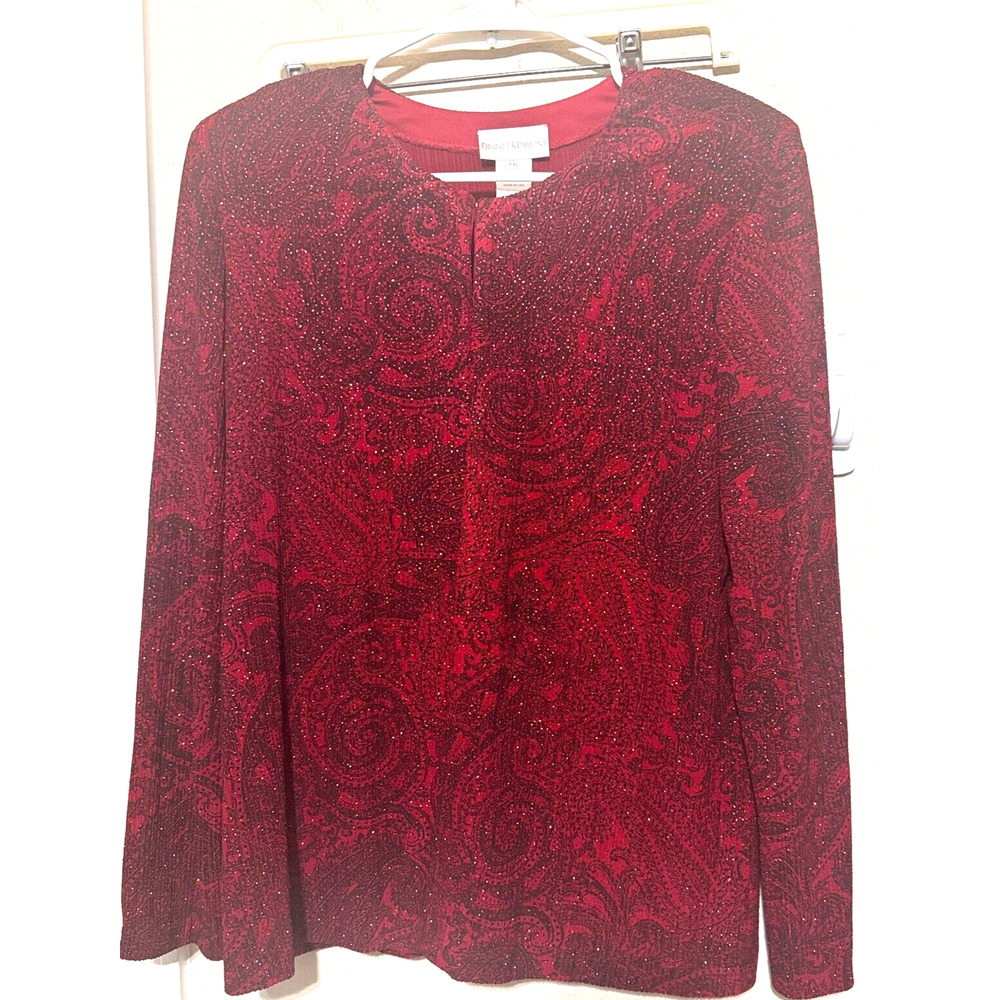 Drapers & Damons Jacket Petite XL red sparkle glitter top cardigan paisley party